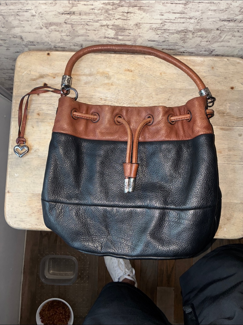 Brighton Black Leather Bucket Hobo with Brown Trim - Picture 3 of 9